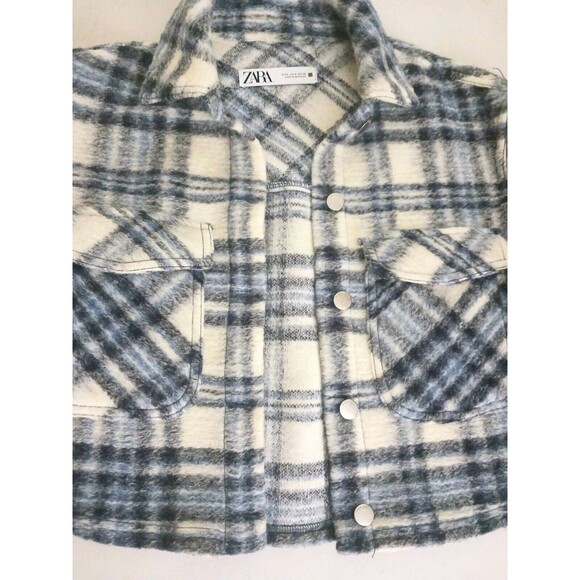 Zara Crop Shacket Blue Plaid Wool Blend Oversized Pockets Jacket Shirt Sz S - Picture 3 of 4